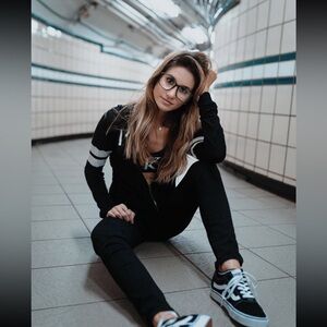 Rugby Stripe Sleeve Zip Front Hoodie M